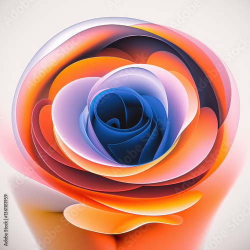 An ethereal digital flower made of translucent layers in gradients of orange, violet, and deep blue. A visual metaphor for emotion, technology, and organic perfection coming together.