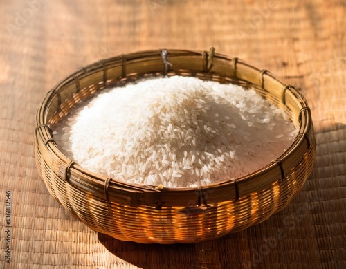 A bamboo basket filled with freshly milled rice