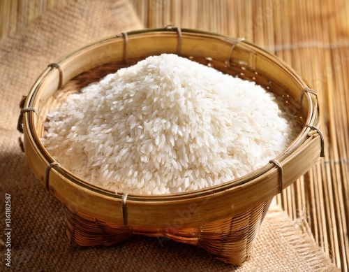 A bamboo basket filled with freshly milled rice