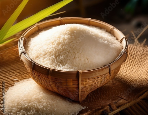 A bamboo basket filled with freshly milled rice