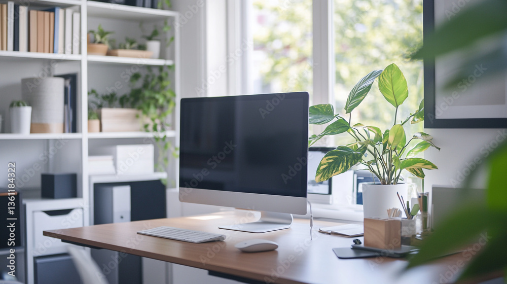 A bright home office setup with a computer, keyboard, and plants near a window and a bookshelf A bright home office setup with a computer, keyboard, and plants near a window and a bookshelf