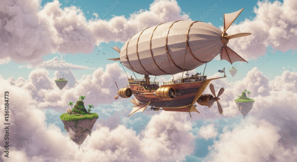 Obraz premium Steampunk Airship Soaring Above Fantasy Floating Islands and Cloudscape