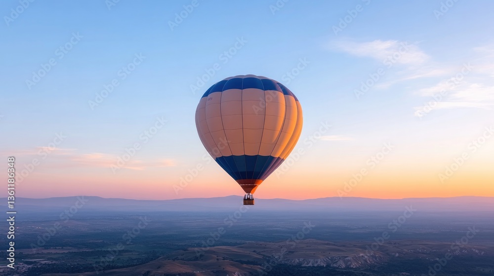 Fototapeta premium colorful hot air balloon floats gently above serene landscape casting soft shadow on earth below under sky transitioning