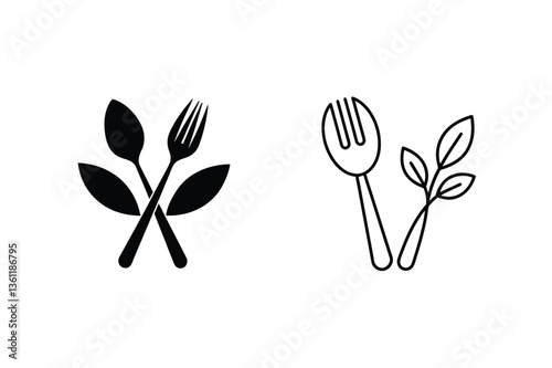 Vegan Restaurant Menu Food Icons Spoon, Fork, Leaves, Healthy Eating