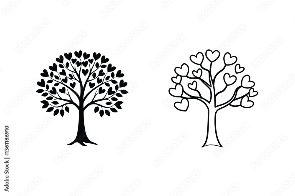 Obraz premium Two Heart Shaped Leaf Trees Love, Nature, Romance, Design, Illustration