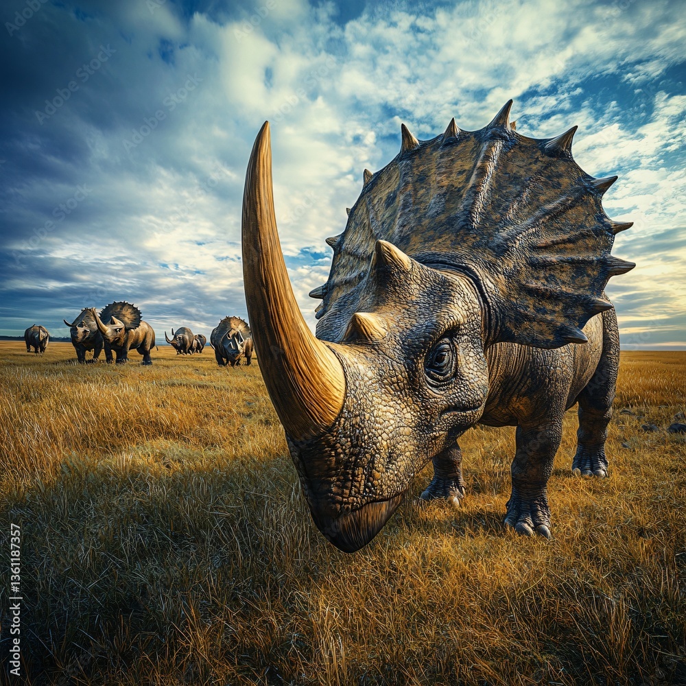 Fototapeta premium A close up shot of a large triceratops in a field