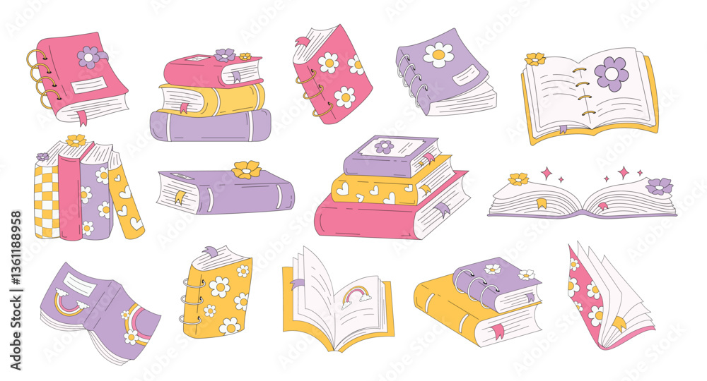 Books colorful drawing clipart set. School textbook icon elements clip art collection with open and closed page for kinder educational materials vector illustration.