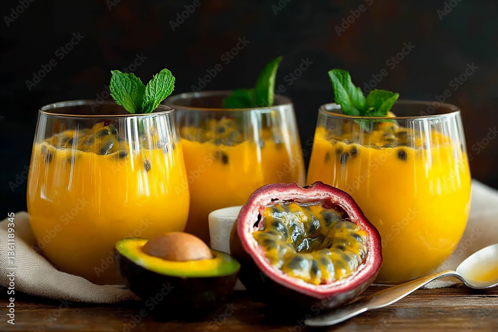 Fototapeta premium panna cotta with passion fruit and seeds, on the table next to it is half of an open avocado from which its seed floats out. on top of the panna cotta,