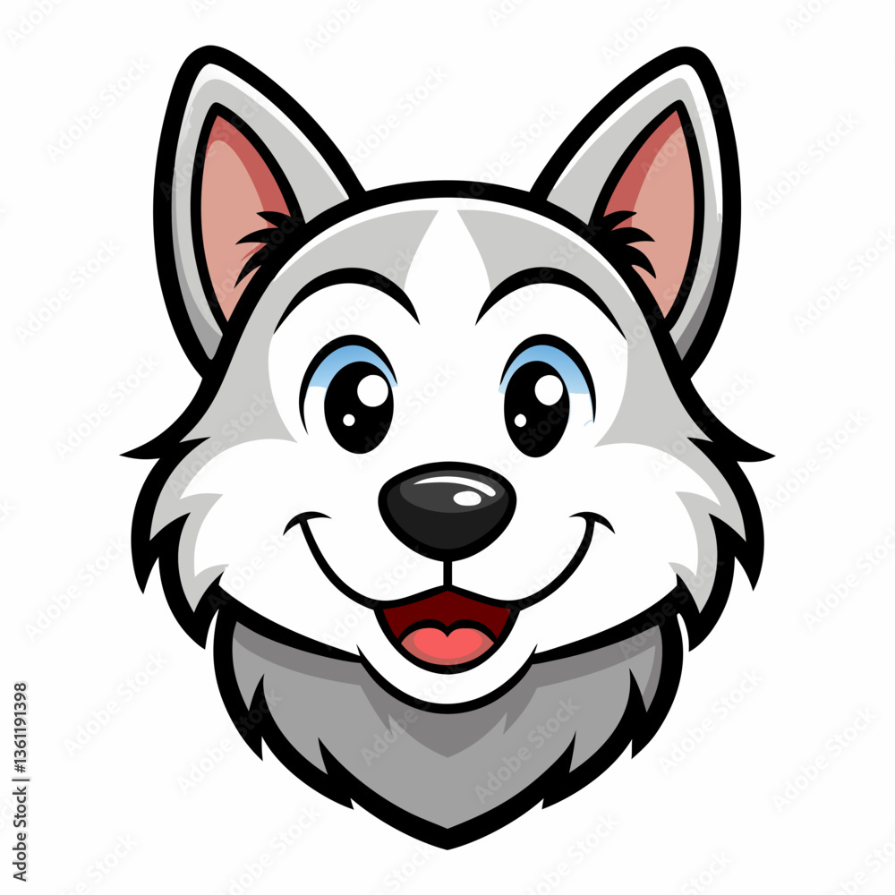 Cartoon Wolf Head – Friendly Expression with Big Blue Eyes and White Fur in Cute Mascot Style Cartoon Wolf Head – Friendly Expression with Big Blue Eyes and White Fur in Cute Mascot Style