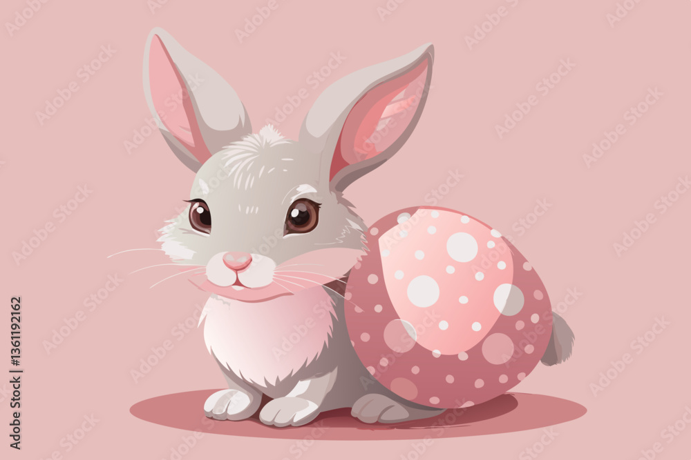Fototapeta premium Cute Cartoon Bunny Illustration – Fluffy White Rabbit with Easter Egg on Pastel Pink Background in Kawaii Style