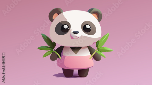 Cute Cartoon Panda in Pink Tutu Holding Bamboo Leaves, Kawaii Style, Adorable Digital Illustration