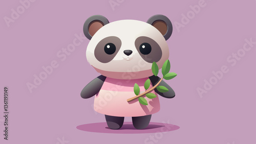 Cute Cartoon Panda in Pink Tutu Holding Bamboo Leaves, Kawaii Style, Adorable Digital Illustration