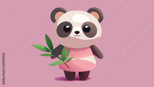 Cute Cartoon Panda in Pink Tutu Holding Bamboo Leaves, Kawaii Style, Adorable Digital Illustration