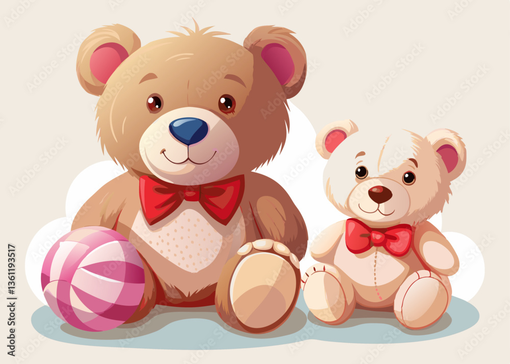 Obraz premium Cute Cartoon Teddy Bears with Red Bow Ties and Striped Ball, Kawaii Style, Playful Family Portrait
