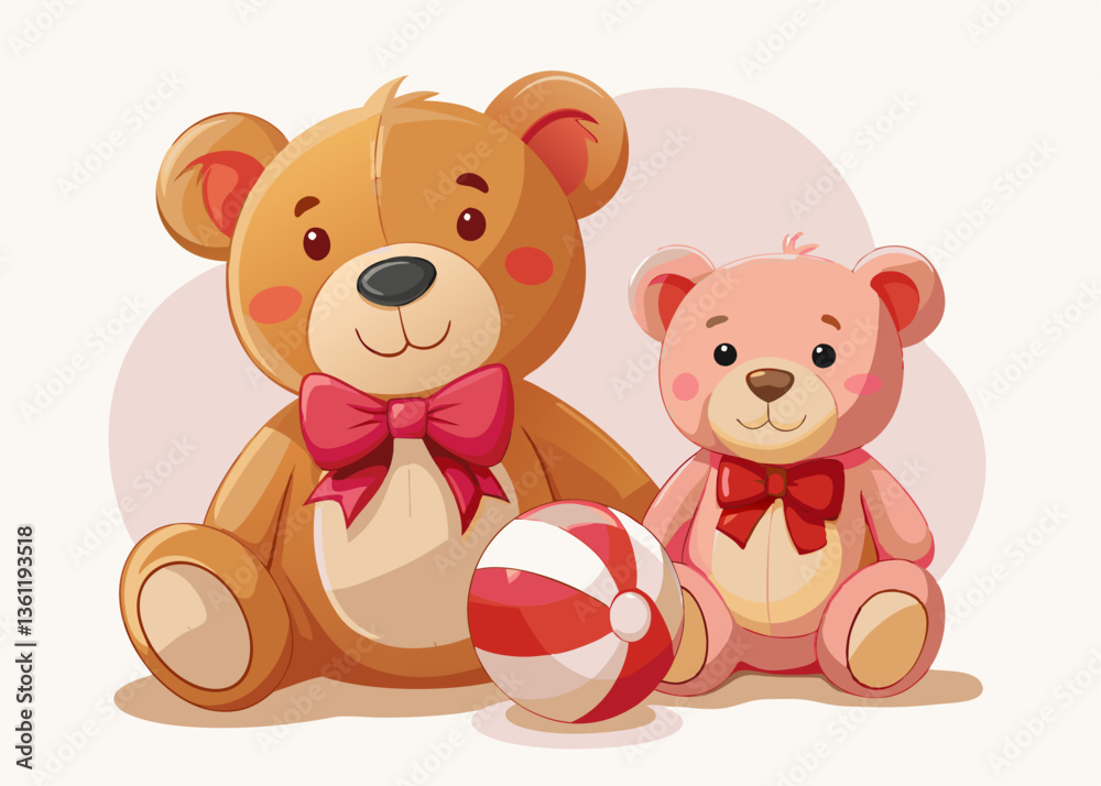 Cute Cartoon Teddy Bears with Red Bow Ties and Striped Ball, Kawaii Style, Playful Family Portrait Cute Cartoon Teddy Bears with Red Bow Ties and Striped Ball, Kawaii Style, Playful Family Portrait