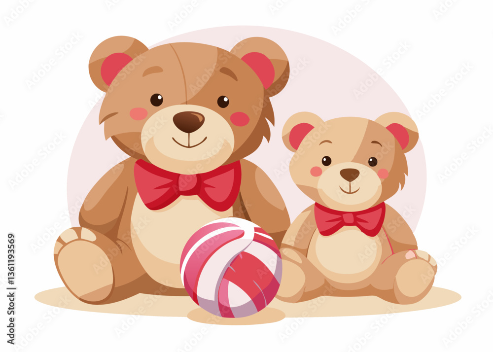 Cute Cartoon Teddy Bears with Red Bow Ties and Striped Ball, Kawaii Style, Playful Family Portrait Cute Cartoon Teddy Bears with Red Bow Ties and Striped Ball, Kawaii Style, Playful Family Portrait