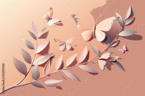 Delicate Paper Butterflies with Gray Leaf Silhouettes on Soft Pink Background in 3D Paper Craft Art