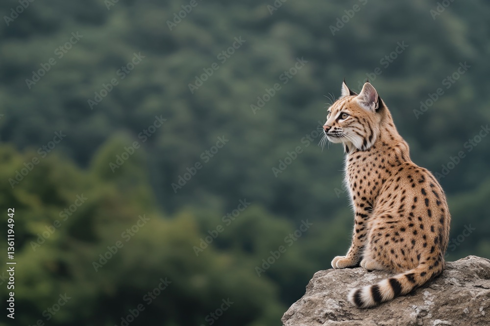 Obraz premium capture ethereal grace of wild cat poised on rocky ledge under soft dappled sunlight with dramatic backdrop of dense