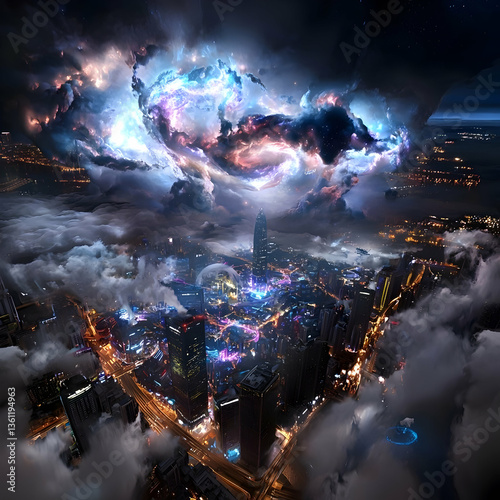 Night Cityscape with Cosmic Cloud Formation
