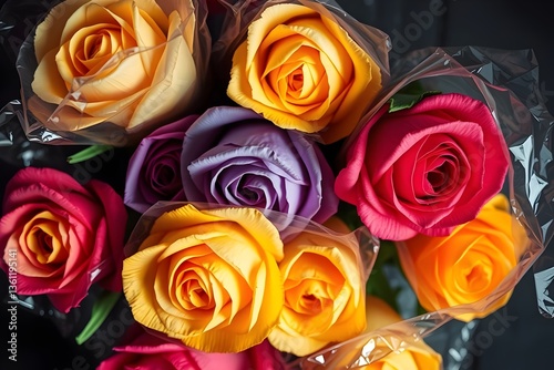 Layered image Overhead view of colorful roses wrapped in cellophane, papier-mâché aesthetic, high contrast low-key lighting, deep shadows, sculpted textured layers, cheerful, eye-catching photo
