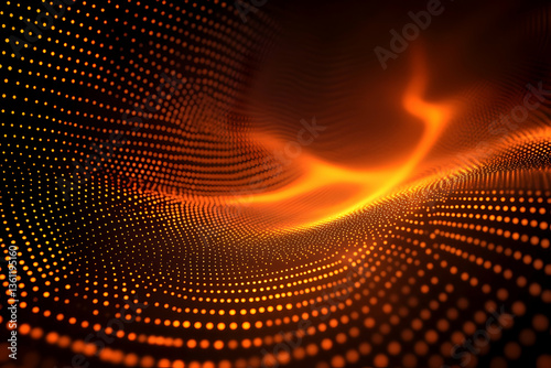 Abstract glowing orange dotted wave and grid tunnel on dark background. Concept of data flow, technology, and digital network.
