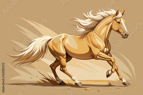 Golden Palomino Horse Galloping in Desert with Flowing Mane and Tail