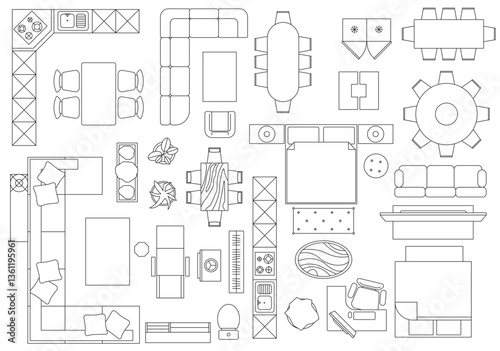 Furniture outline top view. Floor plan icons set for design interior and architectural project. Furniture thin line icon in top view for layout.