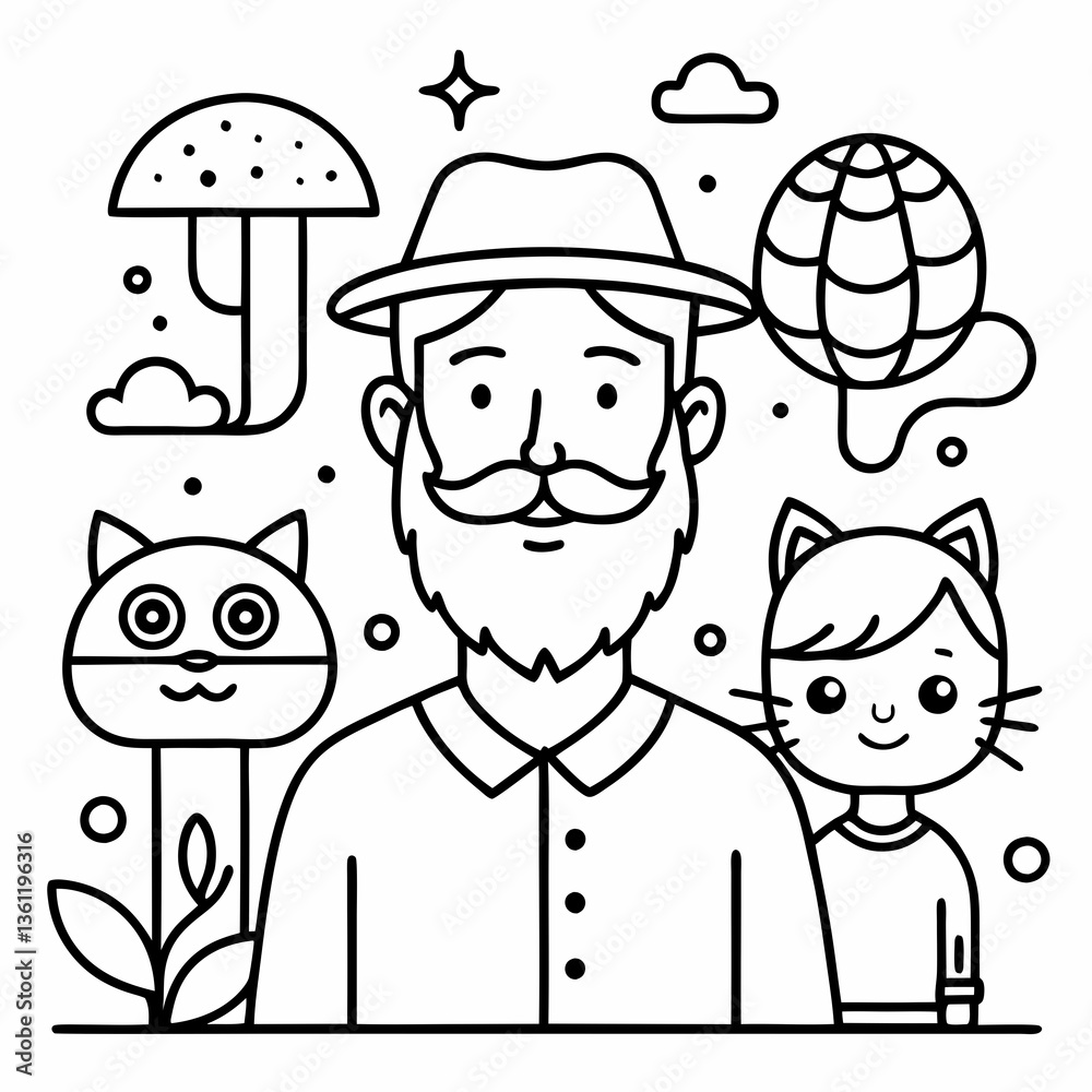 Obraz premium Line Art Illustration of Elderly Man and Young Woman Enjoying Cozy Autumn Scene