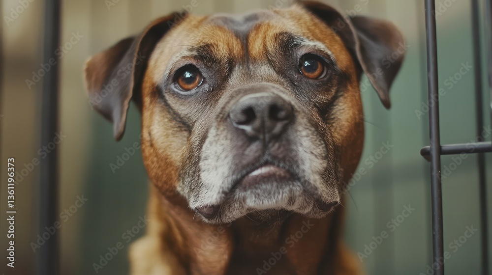 Obraz premium Dog Behind Cage Bars Close-up