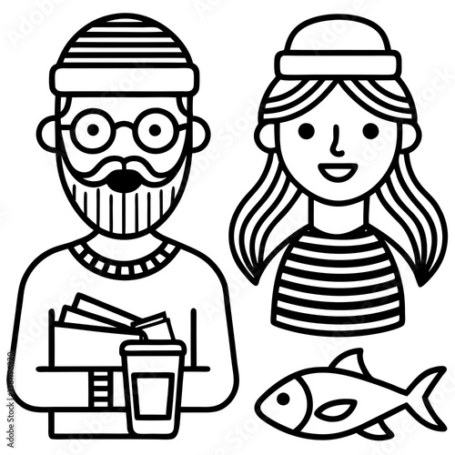 Line Art Illustration of Elderly Man and Young Woman Enjoying Cozy Autumn Scene