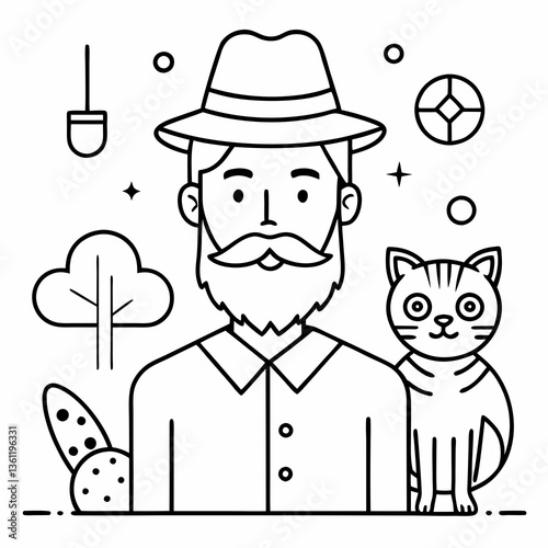 Line Art Illustration of Elderly Man and Young Woman Enjoying Cozy Autumn Scene