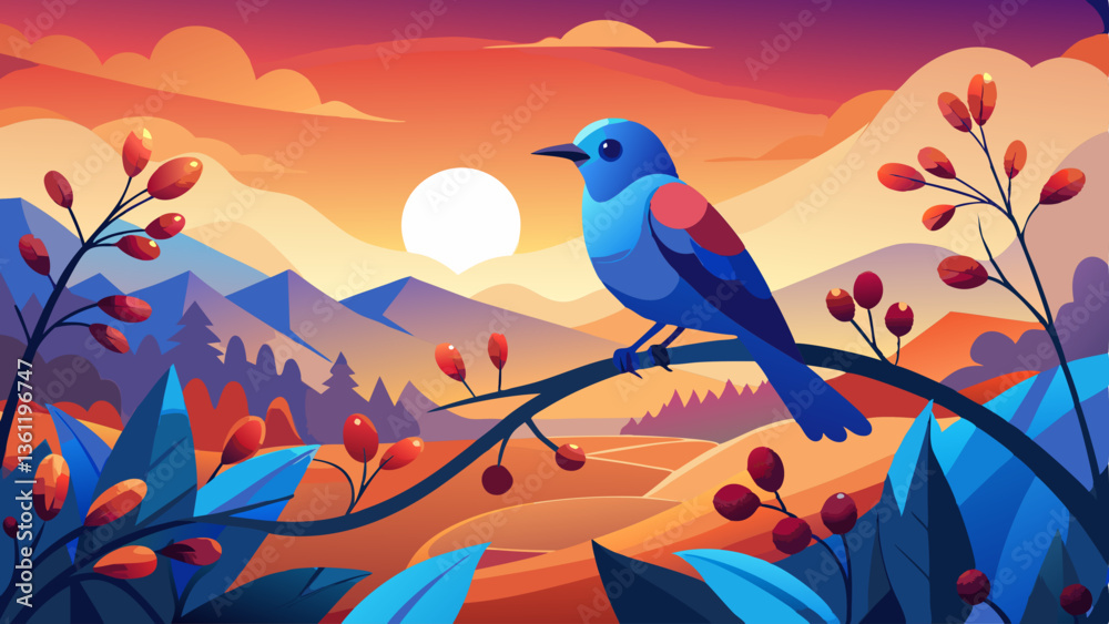 Fototapeta premium Vibrant Blue Bird on Autumn Branch with Sunset Landscape