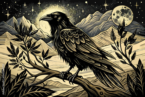 Dark Raven Under Moonlit Night in Gothic Vintage Illustration Style