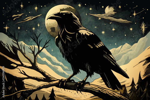 Dark Raven Under Moonlit Night in Gothic Vintage Illustration Style