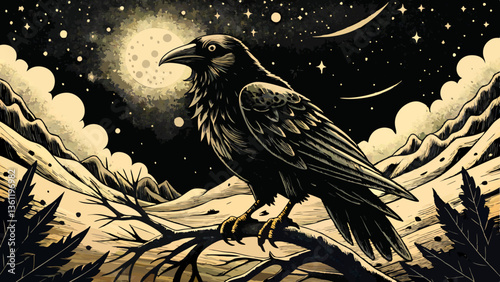 Dark Raven Under Moonlit Night in Gothic Vintage Illustration Style