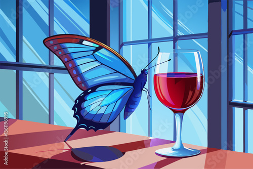 Surreal Giant Blue Morpho Butterfly and Red Wine Glass in Dreamlike Indoor Scene