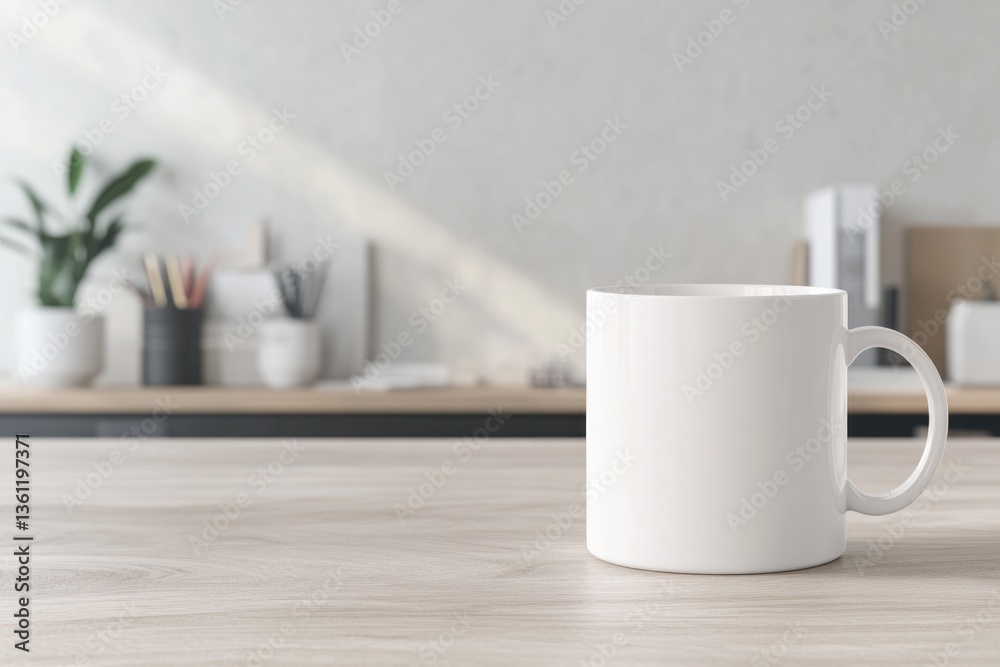 Fototapeta premium minimalist scene featuring blank white coffee mug on clean wooden table offers extensive copy space ideal for branding