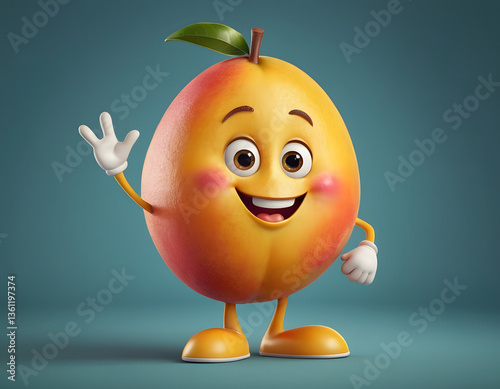 Cheerful cartoon mango character with a cute smile. Delicious mango fruit, happy funny food personage. Healthy food concept, funny fruit cartoon with blue background.