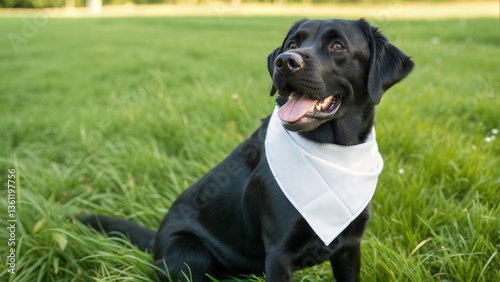 Close up of a happy dog wearing Blank white bandana mockup while facing camera.
