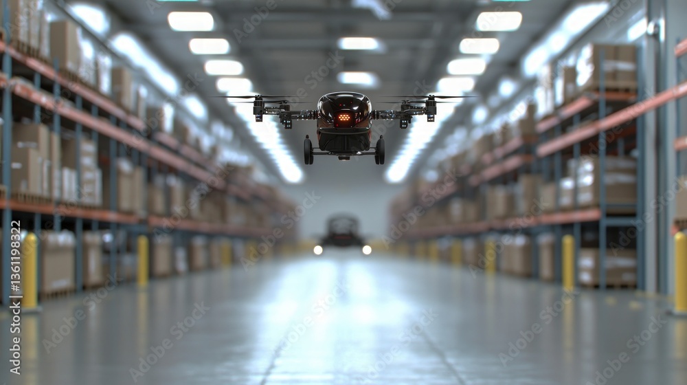 Fototapeta premium Drone Delivery in Modern Warehouse Automated Logistics Efficiency Technology