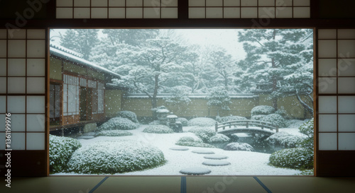 和室から眺める四季の日本庭園
