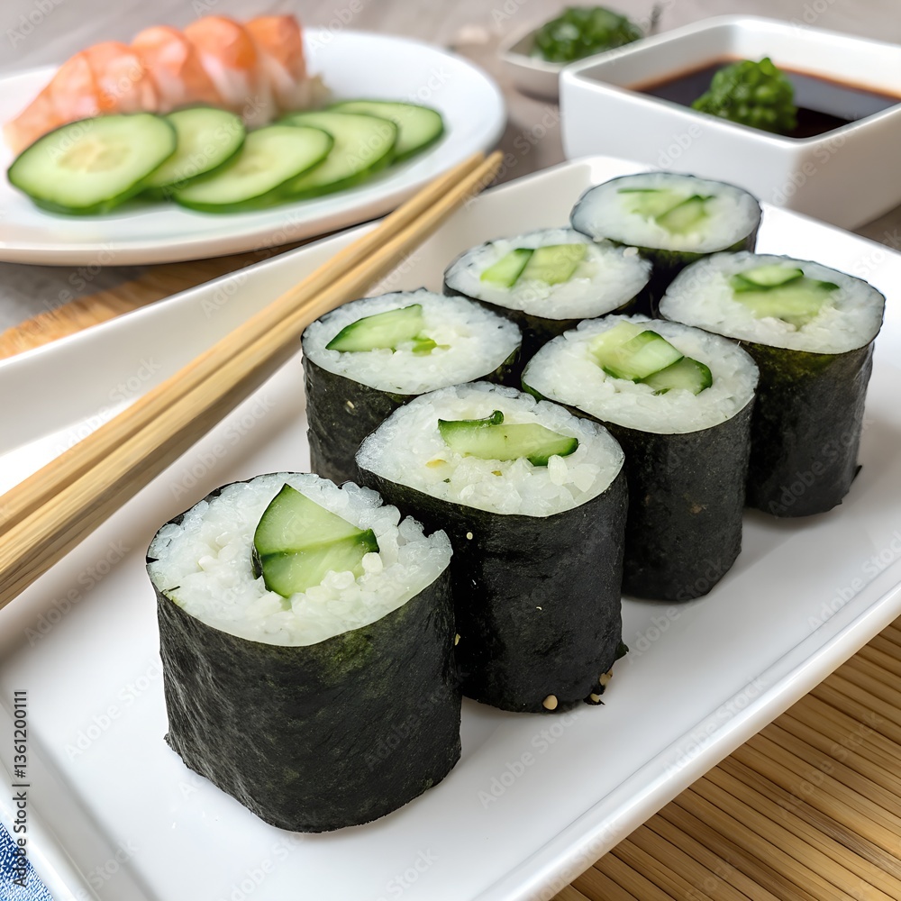 Fresh Japanese maki rolls with salmon and cucumber on a white plate Fresh Japanese maki rolls with salmon and cucumber on a white plate