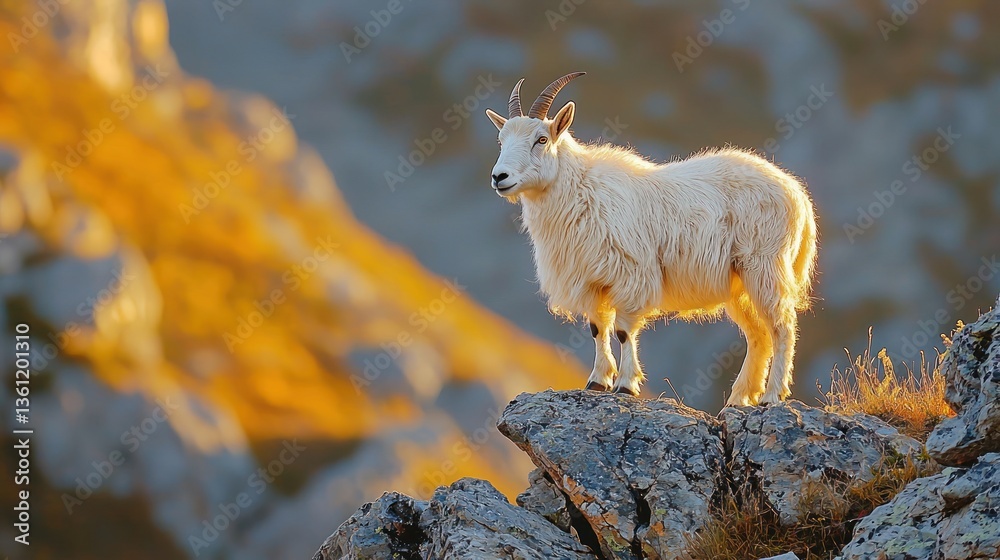 Fototapeta premium Majestic mountain goat atop rocky summit at golden hour.