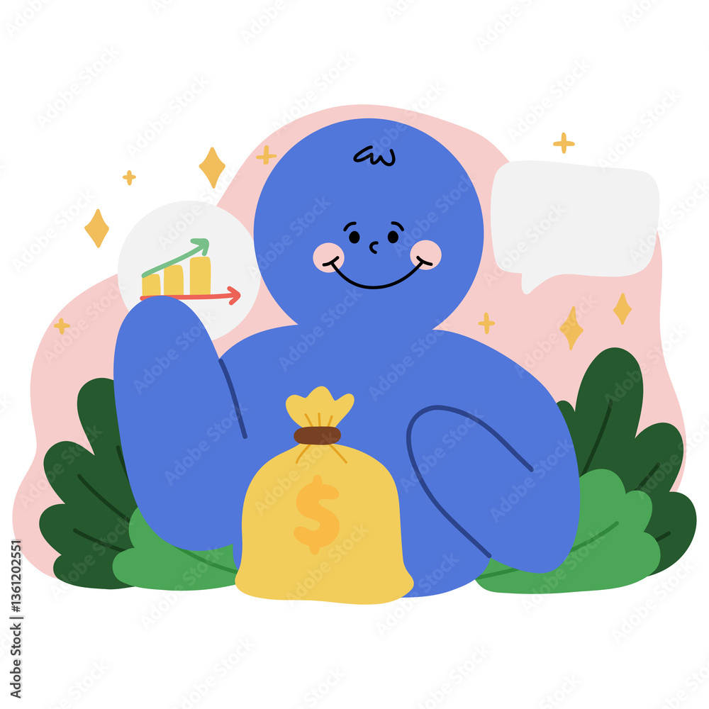Naklejka premium Cute Blue Character in Financial Investment - Cartoon Money Illustration
