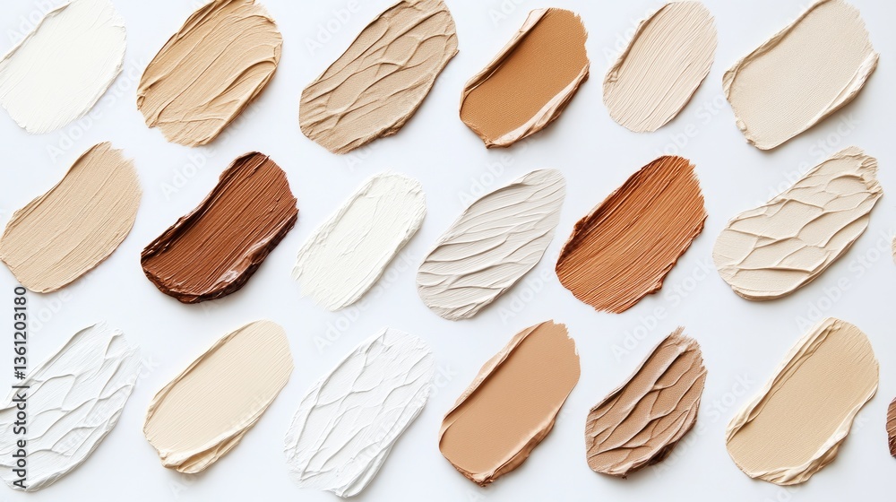 A clean white background with a variety of foundation swatches, showcasing a diverse range of shades for all skin tones, perfect for beauty and makeup concepts A clean white background with a variety of foundation swatches, showcasing a diverse range of shades for all skin tones, perfect for beauty and makeup concepts