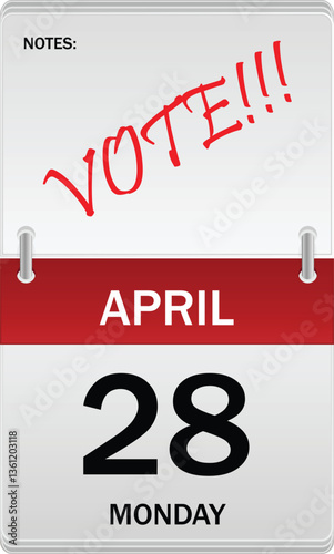 Vector. Canadian federal election. April 28 daily flip calendar icon with VOTE message. Canadian election day.