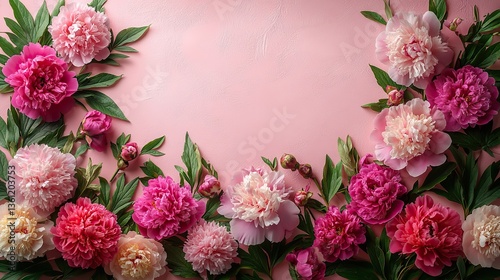 A peony flower frame on a soft pink background, a summer floral flat lay with vibrant peonies creating a frame
