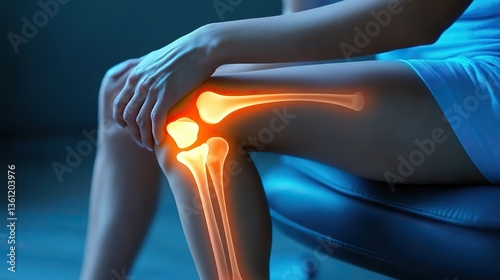 A person is holding their knee in pain, indicating discomfort or injury the image highlights the knee joint and surrounding area, emphasizing the skeletal structure