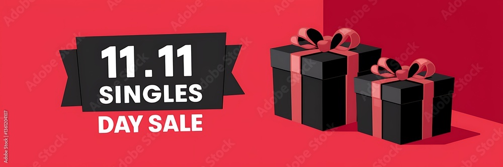 A vibrant red background with a prominent black banner displaying '11.11 SINGLES DAY SALE', complemented by two black gift boxes with shiny ribbons, perfect for promotional visuals or sales campaigns.