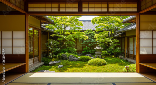 和室から眺める四季の日本庭園